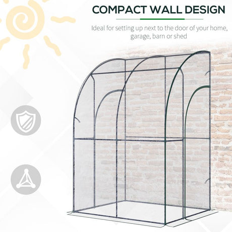 Outsunny Outdoor Walk-In Lean to Wall Tunnel Greenhouse w/ Zippered Roll Up Door PVC Cover, Clear, Green 143cm x 118cm x 212cm