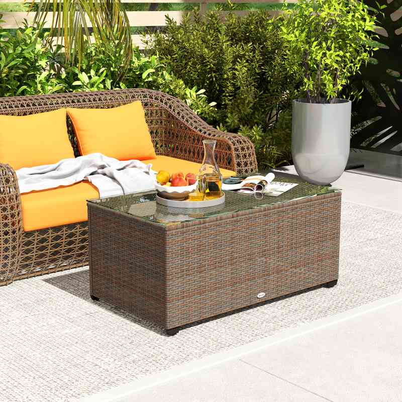 Outsunny 90 x 50cm Glass-Top Rattan Side Table - Brown