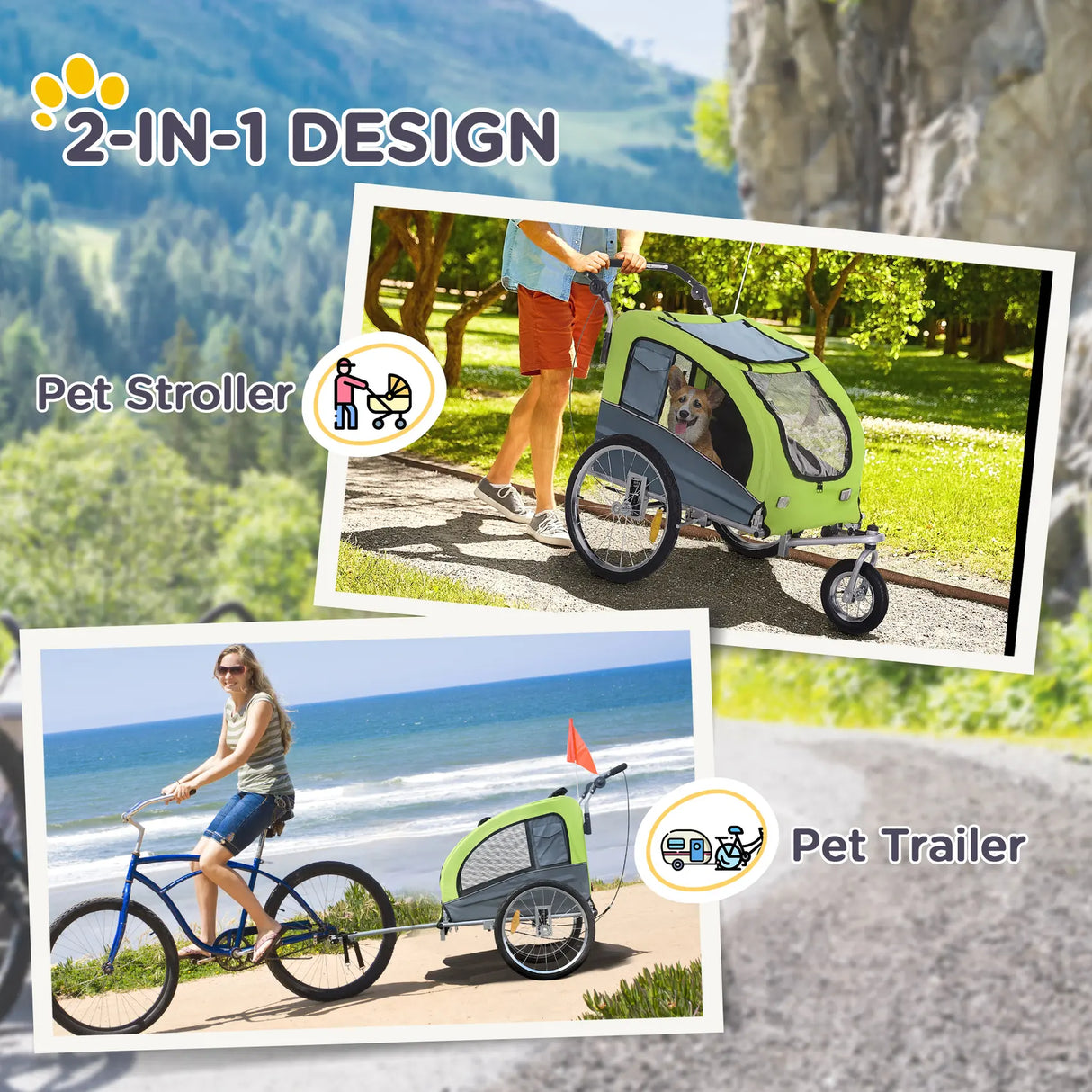 PawHut Dog Bike Trailer Pet Stroller Cart Carrier for Bicycle 360 Rotatable with Reflectors 3 Wheels Hitch Coupler Push/ Pull/ Brake Water Resistant Green