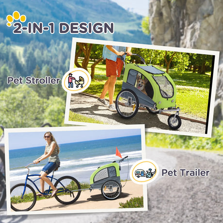 PawHut Dog Bike Trailer Pet Stroller Cart Carrier for Bicycle 360 Rotatable with Reflectors 3 Wheels Hitch Coupler Push/ Pull/ Brake Water Resistant Green