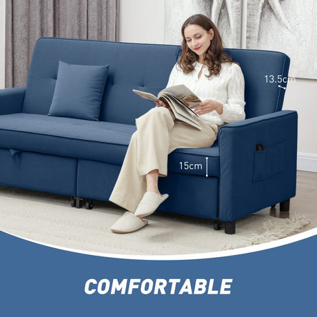 HOMCOM Three-Person Velvet-Feel Sofa Bed - Blue