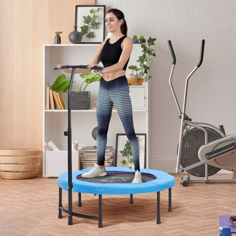 HOMCOM 40'' Fitness Trampoline with Adjustable Handle, Rebounder Trampoline Mini Jumper for Indoor Exercise Workout, Support Up to 100kg, Blue