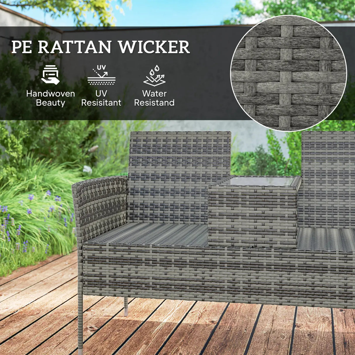 Outsunny Two-Seat Rattan Chair, with Middle Table - Charcoal Grey