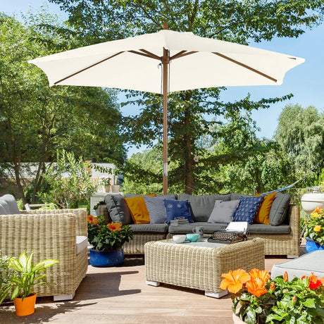 Outsunny 2.5m Patio Umbrella, Wood Garden Parasol, Sun Shade with 6 Ribs and Top Vent for Outdoor, White