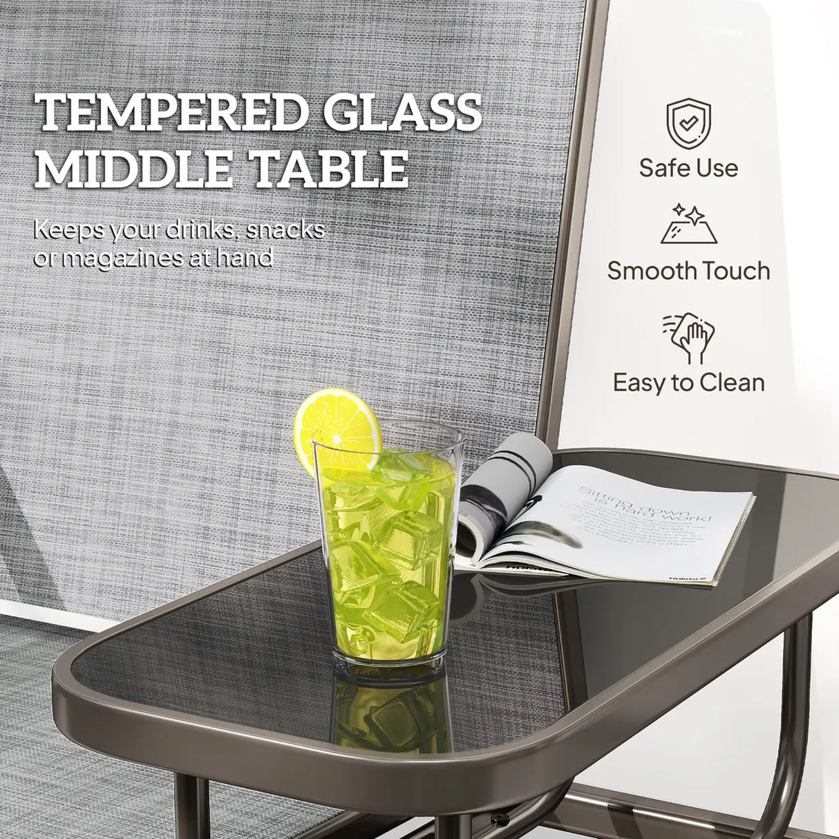 Outsunny 2 Seats Garden Glider Bench, Metal Frame Loveseat with Glass Top  Centre Table, Porch Rocking Glider for 2 Person, for Deck, Patio, Brown/ Grey