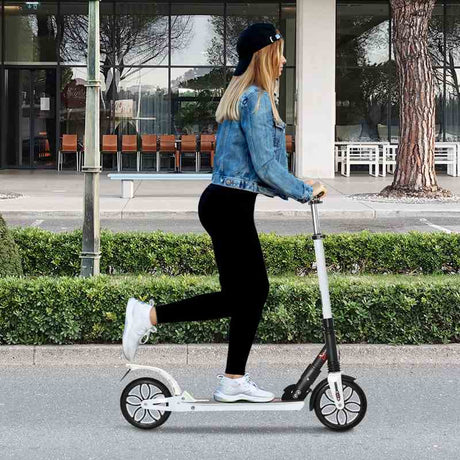 HOMCOM Folding Kick Scooter, Height-Adjustable Urban Scooter w/ Rear Brake, Double Shock Absorption System, Warning Bell & 2 Big Wheels, For 14+ Teens Adult, White