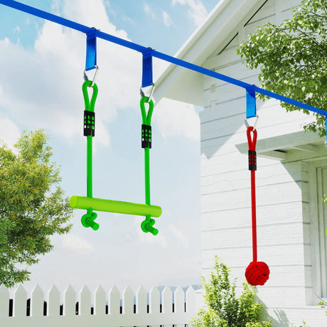 AIYAPLAY 10-Piece Zip Line Kit for Kids with 10m Slackline, Monkey Bars, Swing, Climbing Ladder, Hanging Tray, Metal Rings