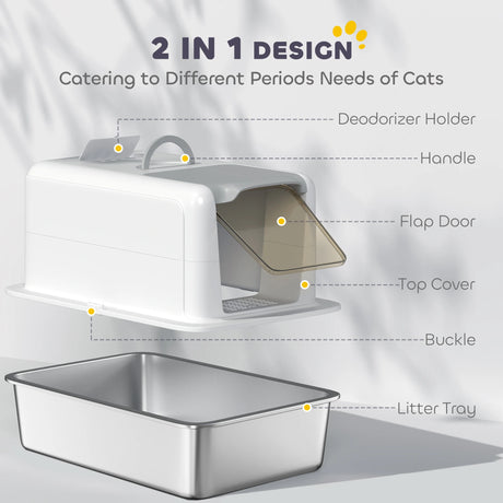 PawHut Stainless Steel Cat Litter Box with Removable Lid, Scoop, Filter Bags, for Larger Cats, White