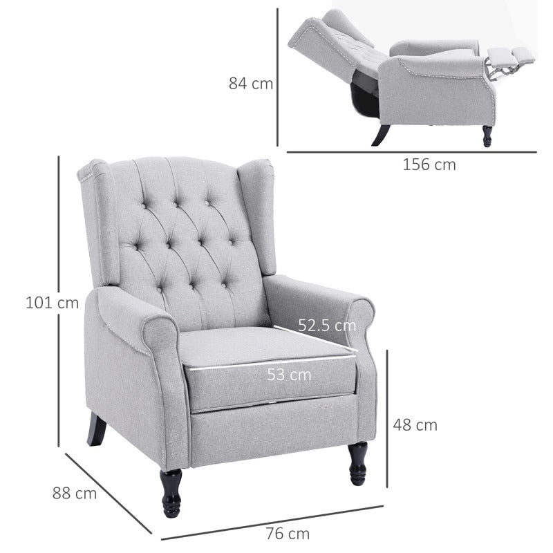 HOMCOM Recliner Armchair, Vintage Reclining Chair with Nail Head Trim, Wingback Chair with Button Tufted Back and Footrest, for Living Room, Light Grey