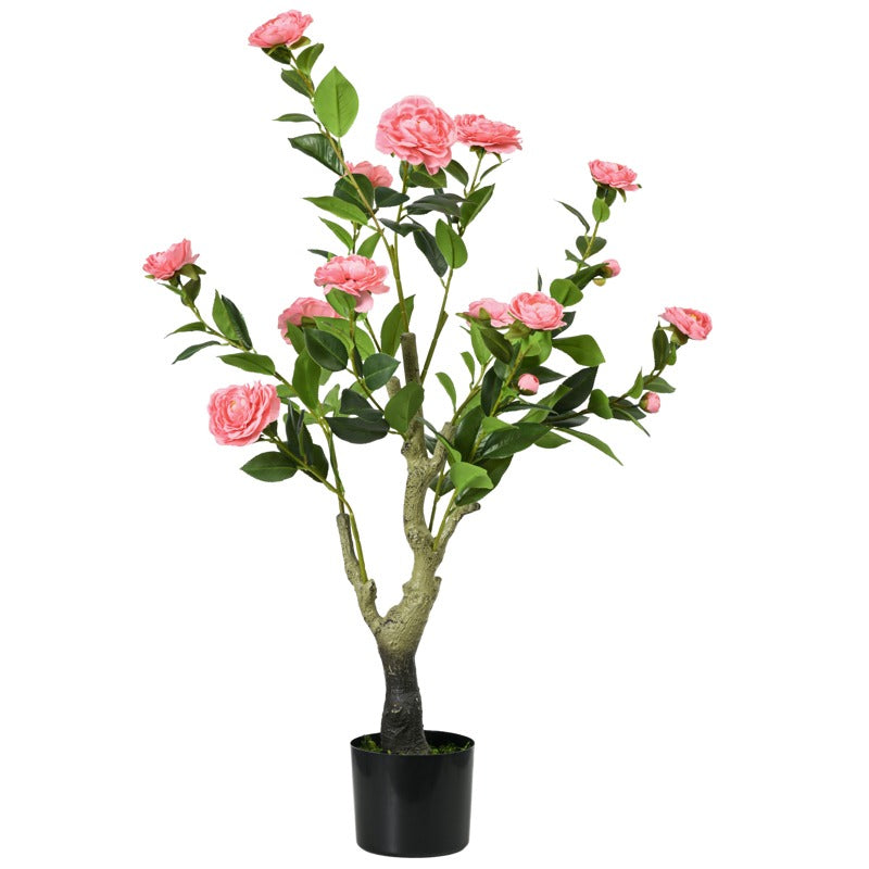 HOMCOM Artificial Plant Camellia Flower in Pot, Fake Plant for Indoor Outdoor, 95cm, Pink