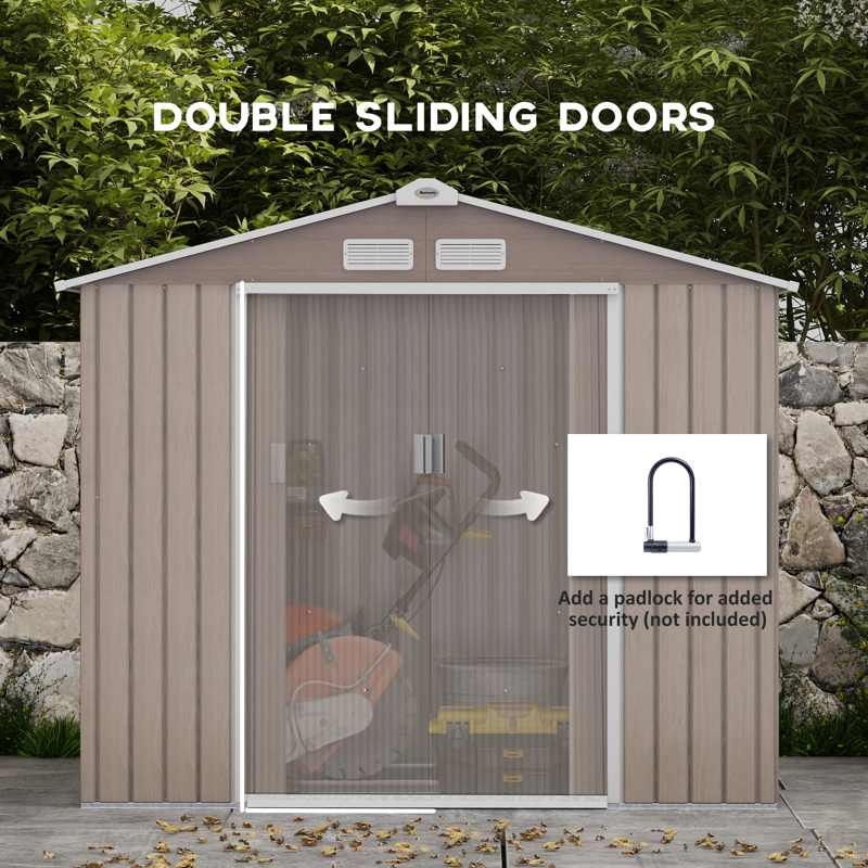 Outsunny 7 x 4ft Metal Garden Storage Shed with Vents, Floor Foundation Kit and Lockable Double Doors, Light Brown