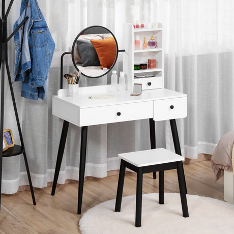 HOMCOM Dressing Table Set with Mirror and Stool, Vanity Makeup Table with 3 Drawers and Open Shelves for Bedroom, Living Room, White