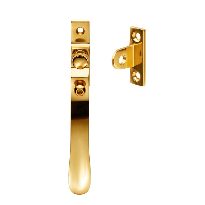 VICTORIAN - CASEMENT FASTENER WEDGE PATTERN - LOCKABLE SUITABLE FOR WEATHER STRIPPED WINDOWS - POLISHED BRASS - 57MM X 13MM - EACH