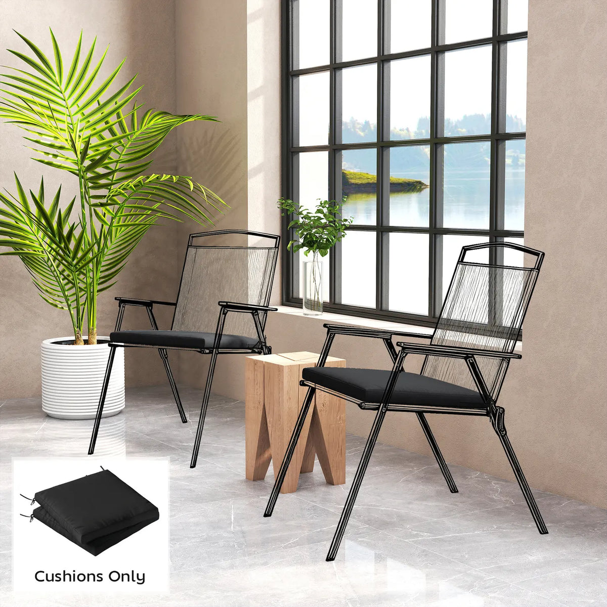 Outsunny Outdoor Seat Cushions Set of 2 with Ties, Waterproof Garden Seat Pads, Black