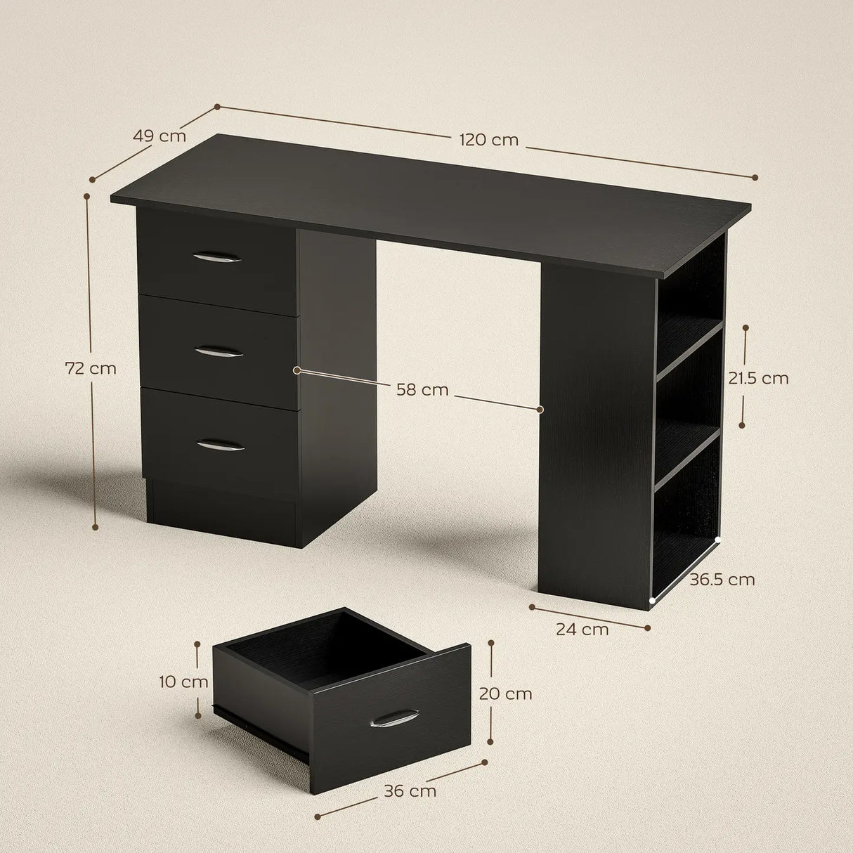 HOMCOM Computer Desk, Home Office Desk, Writing Table, PC Workstation with 3 Storage Shelves and 3 Drawers for Working, Study, 120 x 49 x 72 cm, Black