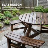 Outsunny Wooden Garden Dining Set, 6 Seater Round Dining Picnic Table with Matching Bench, Garden Furniture Set with Parasol Hole for Outdoor Patio Party and Family Gatherings, Carbonized