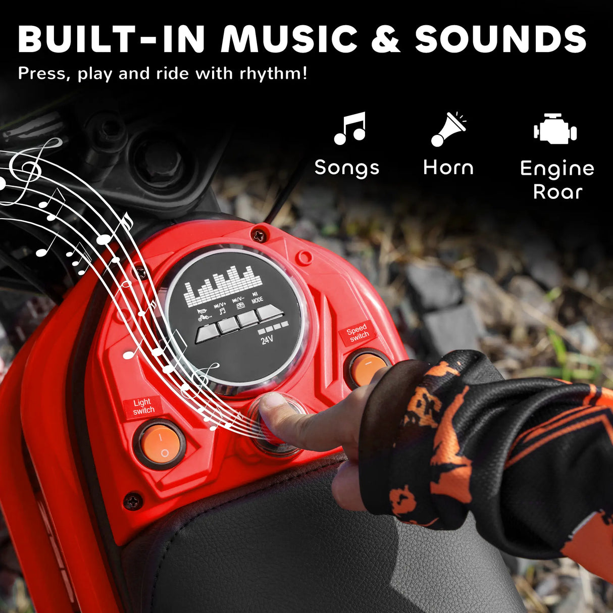 HOMCOM 24V Electric Motorbike with Twist Grip Throttle, Music, Horn, 12" Pneumatic Tyres, 16km/h Max Speed - Red