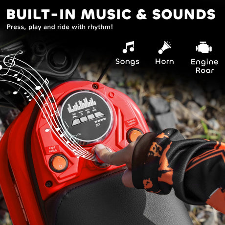 HOMCOM 24V Electric Motorbike with Twist Grip Throttle, Music, Horn, 12" Pneumatic Tyres, 16km/h Max Speed - Red