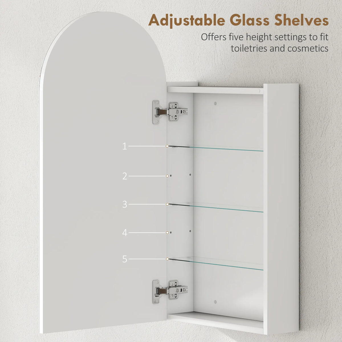 HOMCOM Arched Bathroom Mirror Cabinet with Adjustable Glass Shelves - White
