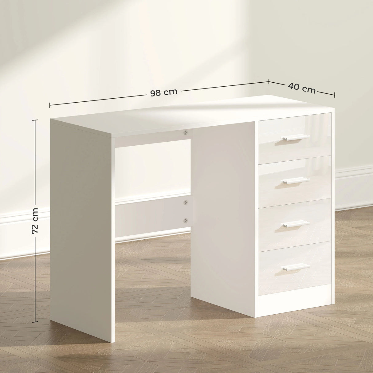 HOMCOM Computer Desk with Drawers, Dressing Table, High Gloss Home Office Writing Workstation, White