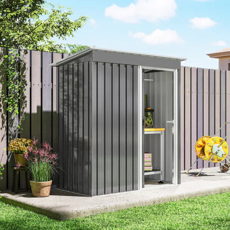 Outsunny 5 x 3ft Garden Storage Shed with Sliding Door and Sloped Roof Outdoor Equipment Tool, Light Grey