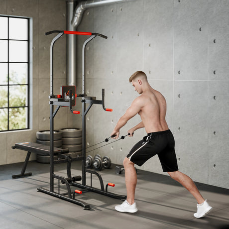 HOMCOM Multifunction Power Tower Home Workout Dip Station w/ Sit-up Bench Push-up Bars and Tension Ropes Fitness Equipment Office Gym Training