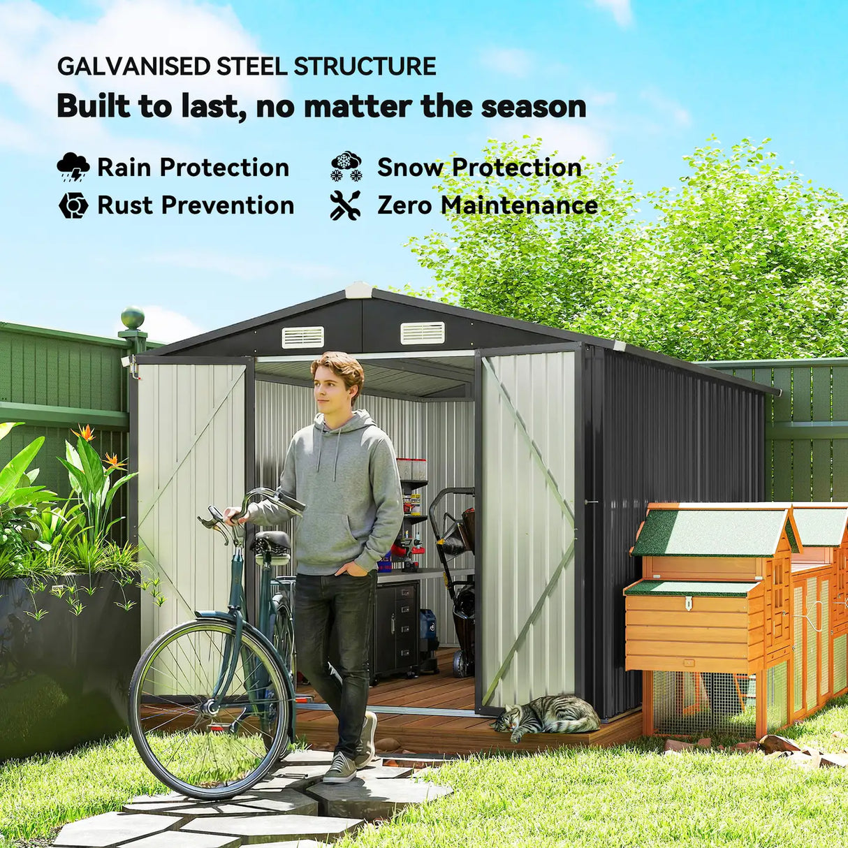 Outsunny 12 x 8 ft Garden Shed, Outdoor Storage Shed with 4 Vents and Lockable Double Doors, Dark Grey