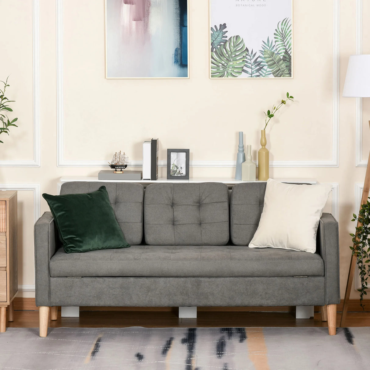 HOMCOM Modern 3 Seater Sofa with Hidden Storage, 169cm Tufted Snow Flannel Couch with Wood Legs, Compact Sofa for Living Room, Grey