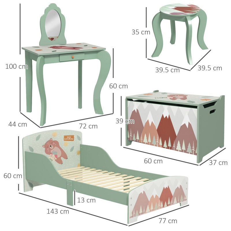 ZONEKIZ Kids Bedroom Furniture Set Includes Bed Frame, Kids Toy Chest, Dressing Table with Mirror and Stoolfor Ages 3-6 Years, Green