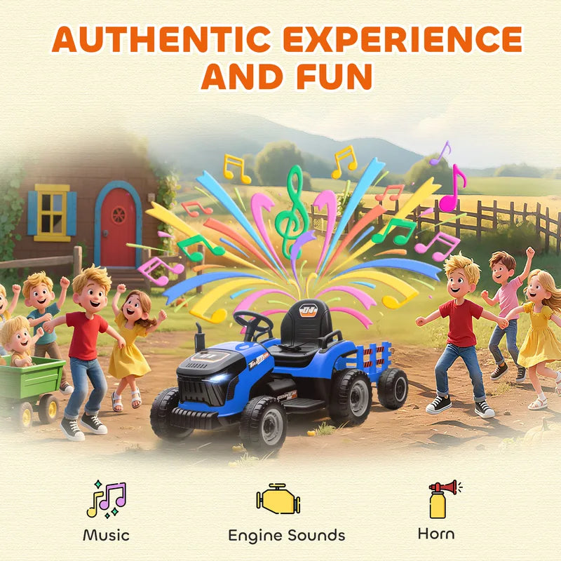 AIYAPLAY 12V Ride on Tractor and Trailer with Remote Control, Music, Shifter, Start-Up Sound, for Kids Ages 3-8 Years, Blue