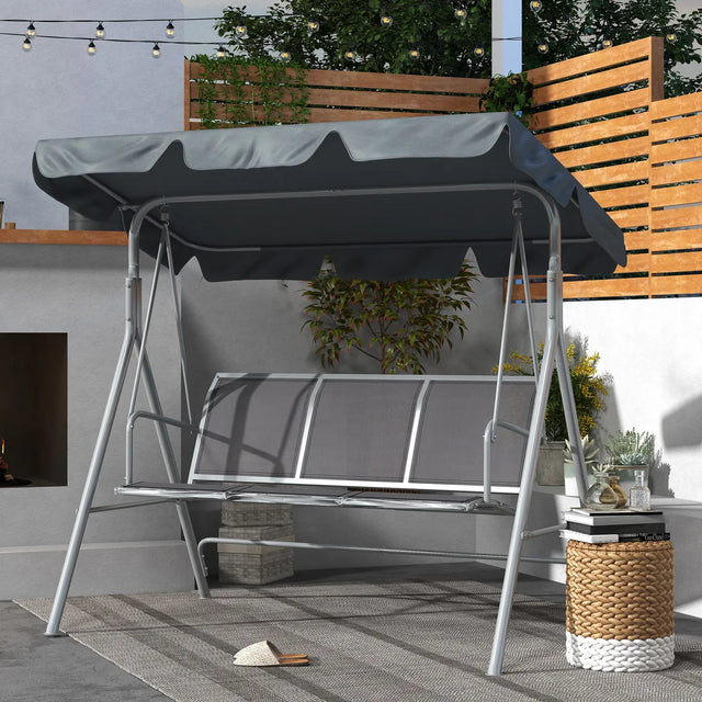 Outsunny 3 Seater Swing Chair, Garden Swing Bench with Adjustable Tilting Canopy, Breathable Mesh Seat and Heavy Duty Metal Frame for Patio, Garden, Dark Grey