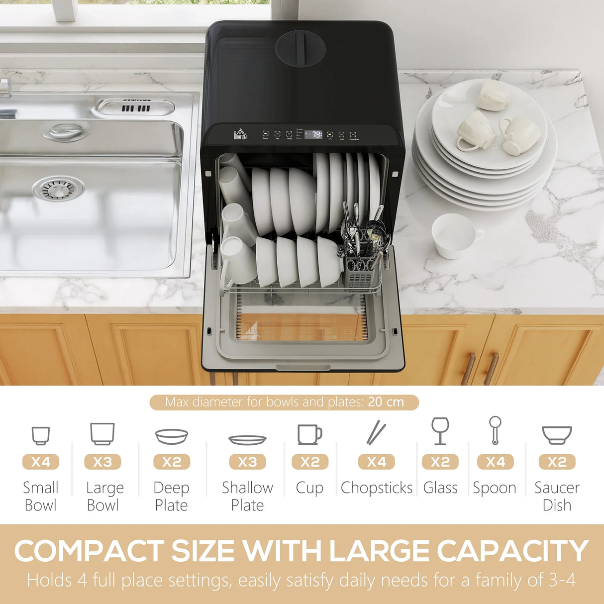 HOMCOM 6L Five-Mode Tabletop Dishwasher - Black