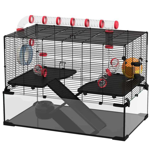 PawHut Gerbil Cage, Dwarf Hamster Cage, with Deep Glass Bottom, Tunnels, Ramps, Hut, Exercise Wheel, 78.5 x 48.5 x 57cm