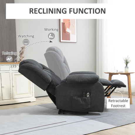 HOMCOM Overstuffed Riser and Recliner Chairs for the Elderly with 8 Vibration Massage, Fabric Upholstered Lift Chair for Living Room with Remote Control, Side Pocket, Footrest, Dark Grey
