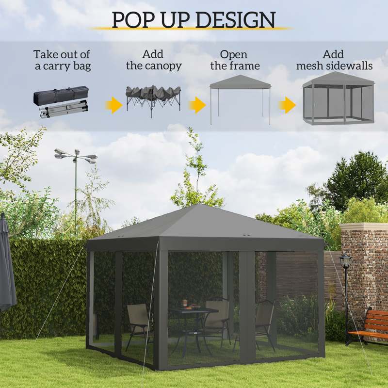 Outsunny 3 x 3 m Pop Up Gazebo, 420D Garden Tent Canopy with Removable Mesh Sidewall Netting, Carry Bag for Garden Patio Outdoor, Light Grey