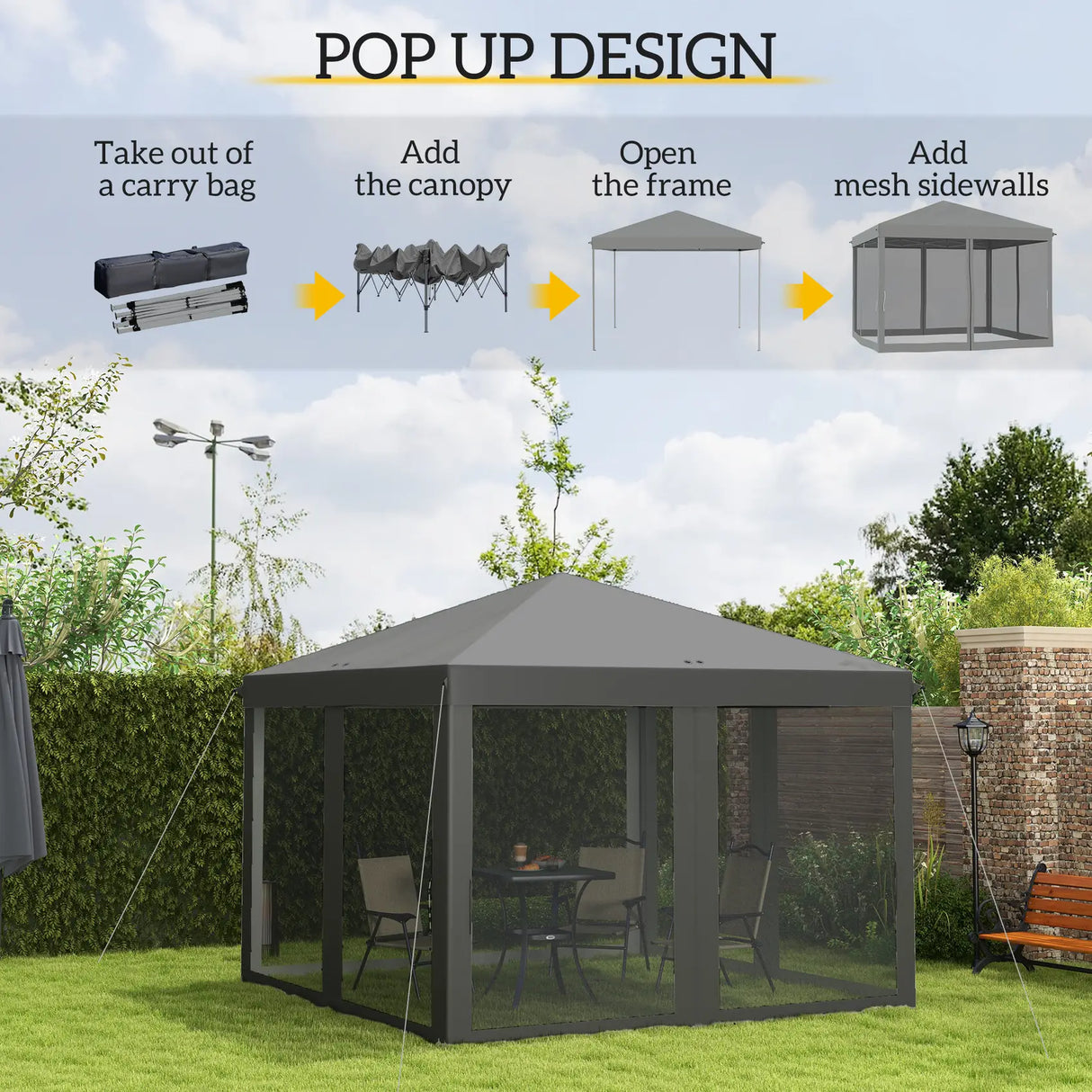 Outsunny 3 x 3 m Pop Up Gazebo, 420D Garden Tent Canopy with Removable Mesh Sidewall Netting, Carry Bag for Garden Patio Outdoor, Light Grey