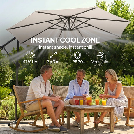Outsunny 3 m Garden Cantilever Parasol with Cover, Round Overhanging Umbrella with 360 Rotation, Tilt, Cream White