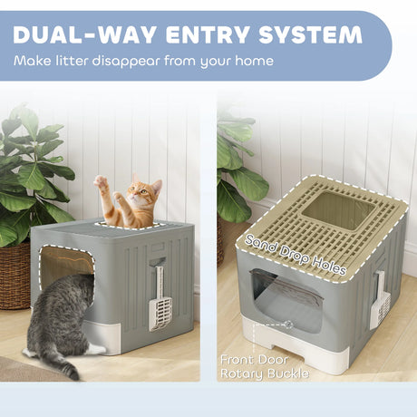 PawHut Foldable Cat Litter Box with Lid, Slide-Out Drawer, Scoop, Easy Clean, Odour Control, Anti-Splashing, Grey