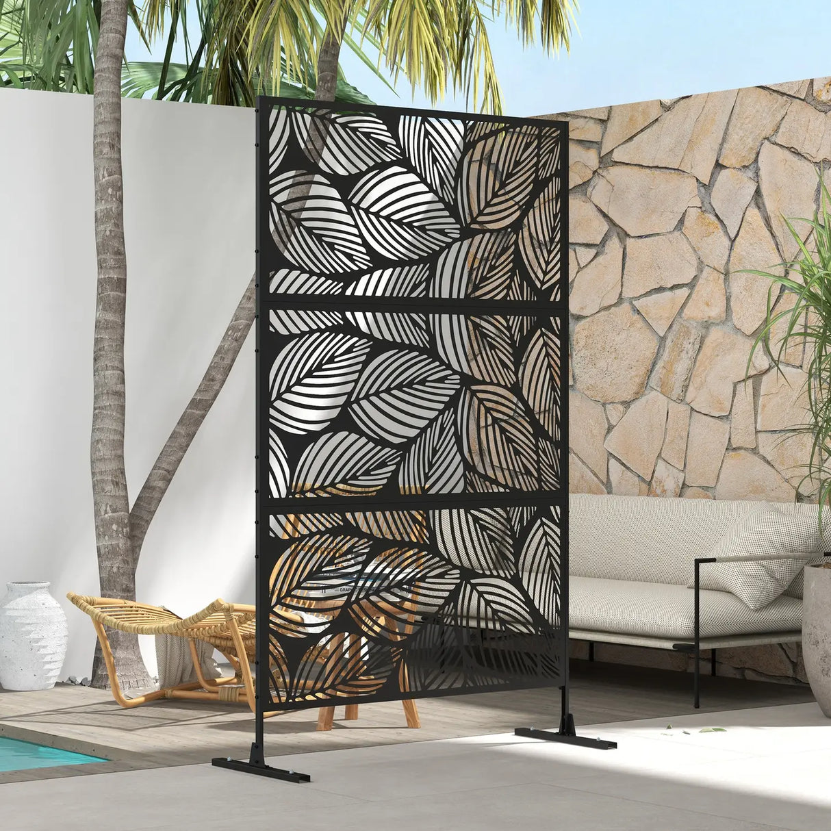 Outsunny Metal Decorative Privacy Screen Outdoor Divider, Black Leaf
