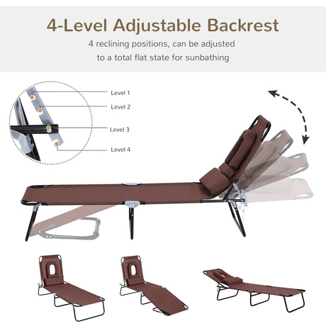 Outsunny Folding Sun Lounger with Face Hole, 4-Position Adjustable Backrest Garden Recliner Chair Sunbed, Outdoor Lounge Chair with 600 D Oxford Cloth Seat, Pillow for Beach, Brown