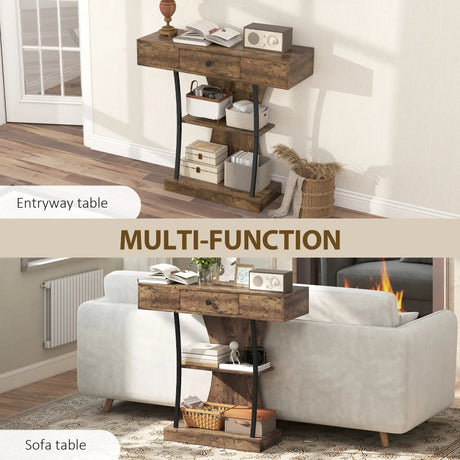 HOMCOM Console Table, 3-Tier Industrial Hallway Table with Drawer, Storage Shelves, 91 x 32 x 87 cm, Rustic Brown