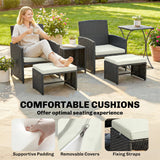 Outsunny 6 Piece Rattan Garden Furniture, Space-Saving Patio Furniture Set with Nesting Tables, Chairs, Stools, Cushions, Black