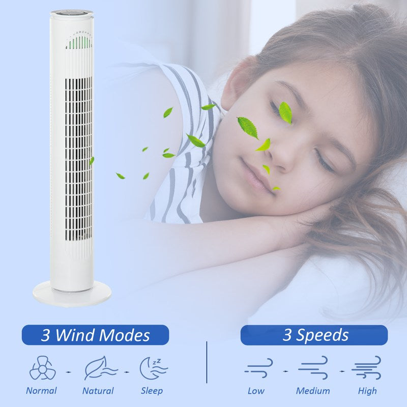 HOMCOM 30'' Freestanding Tower Fan, 3 Speed 3 Mode, 10h Timer, 70 Degree Oscillation, LED Light, 5M Remote Controller, White