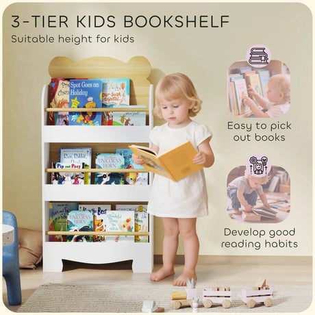 AIYAPLAY Kids Bookshelf, 3 Tier Children Bookcase, Bear Theme Toddler Space-Saving Bookcase for Living Room, White