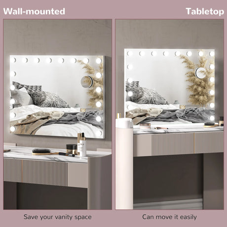 HOMCOM Hollywood Vanity Mirror with Lights, Large 80x62 cm Lighted Makeup Mirror with 3 Colour, 18 LED Bulbs, 10X Magnifying, USB Charging Port, Touch Screen, Tabletop or Wall Mounted Design, White