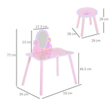 HOMCOM Kids Dressing Table Girls Pink Wooden Kids Dressing Table & Stool Make Up Desk Chair Toys Fairy Dresser Play Set w/Mirror