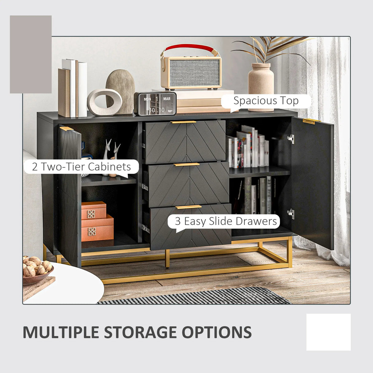 HOMCOM Sideboard with 3 Drawers and Adjustable Shelves for Living Room - Black