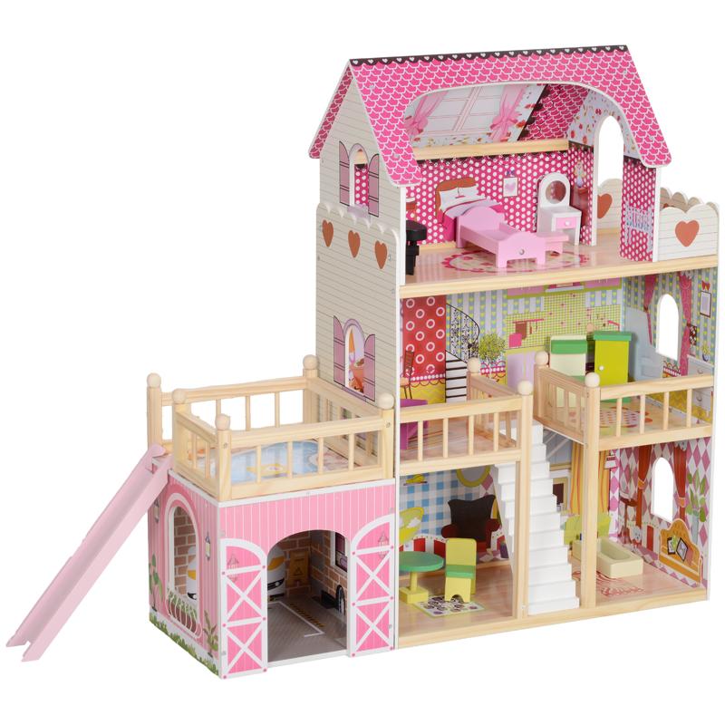 AIYAPLAY 3 Levels Dolls House Play Set with 13 Wooden Furniture Pieces and Accessories,