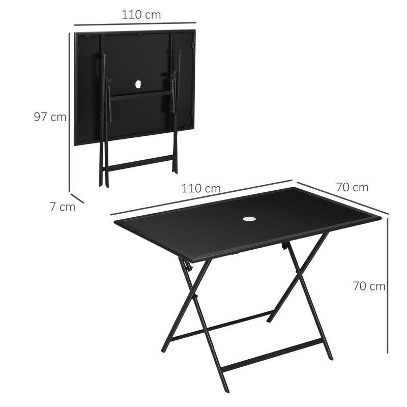 Outsunny Folding Outdoor Dining Table for 6, Rectangle Garden Table Tempered Glass Top with Parasol Hole Garden Lawn Backyard, 110 x 70 x 70 cm