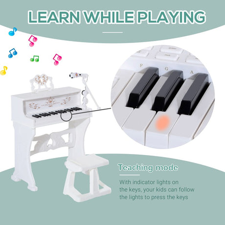 HOMCOM 37 Keys Kids Piano Mini Electronic Keyboard Light Kids Musical Instrument Educational Game Children Grand Piano Toy Set w/Stool & Microphone & Music Stand (White)